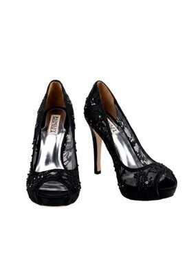 Badgley Mischka Whimsigoth Black Lace Sequin Peep Toe Platform Heels 8M